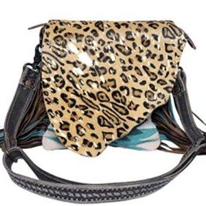BOHO Concealed Carry Myra Cheetah Cowhide Aztec Tribal, Brown & Turquoise Fringe